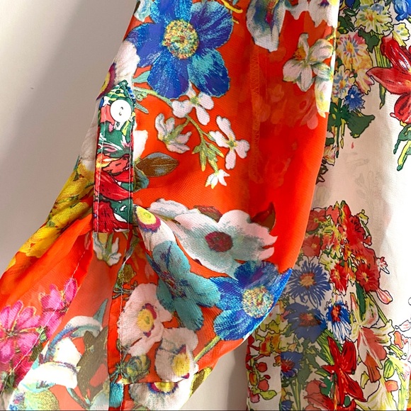 Anthropologie Fig & Flower Red Ivory Blue Floral Sheer Boho Blouse Top V Neck S - Picture 2 of 7